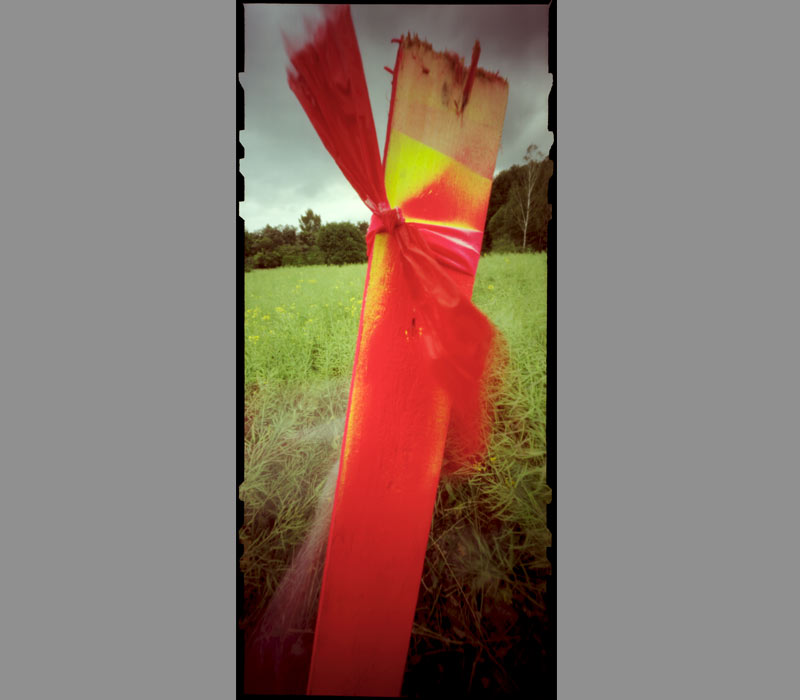 pinhole foto  lochbild roter pfahl natur